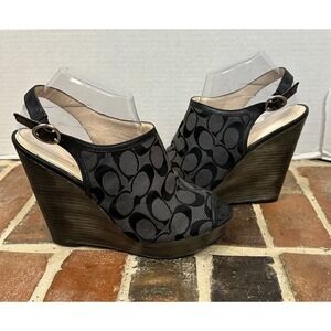 Coach Janet Wedge Peep Toe Platforms Signature C Fabric Graphite & Black 9 B